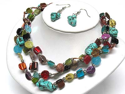 Multi strand turquoise shell and multi beads necklace and earring set
