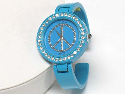 PEACE THEME CRYSTAL FRAME METAL BANGLE WATCH