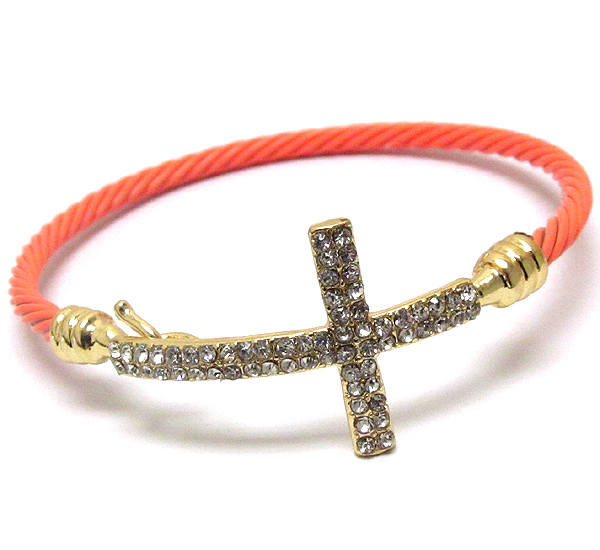 Crystal deco paved cross and twisted coat band bracelet