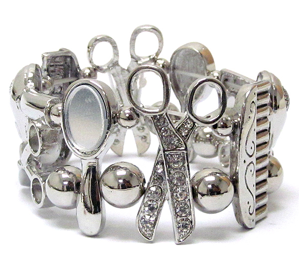 Beauty shop theme crystal scissor and comb stretch bracelet
