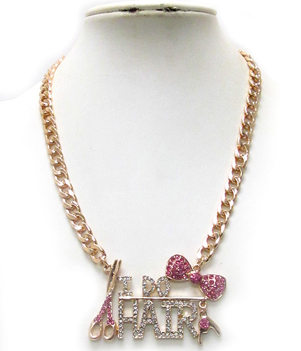 Beauty shop theme crystal deco scissor ribbon and i do hair message pendant necklace