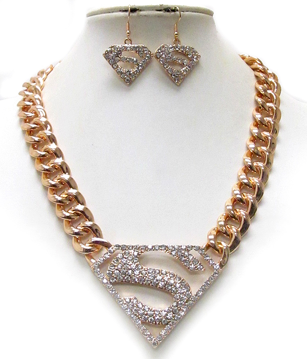 Crystal deco superman symbol and thick metal chain necklace earring set