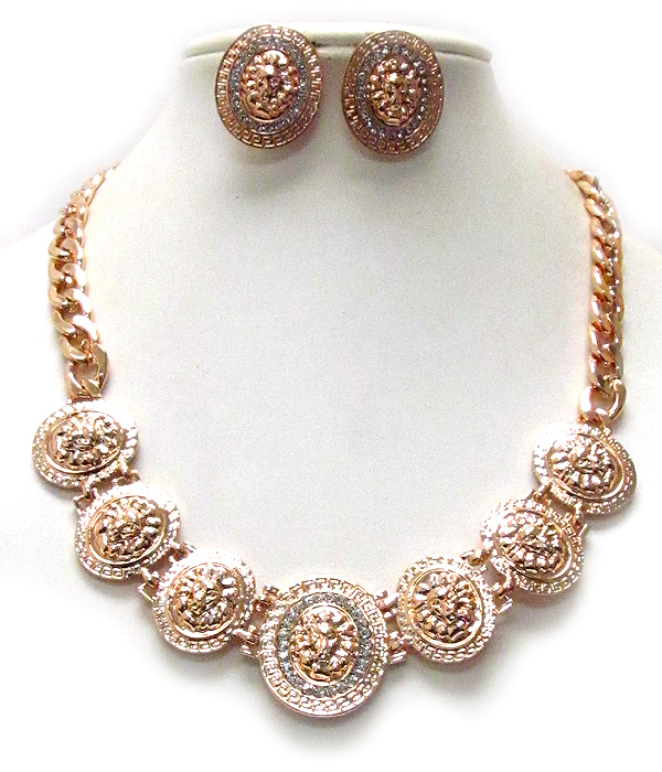 Multi metal lion head disk link rihanna style necklace earring set