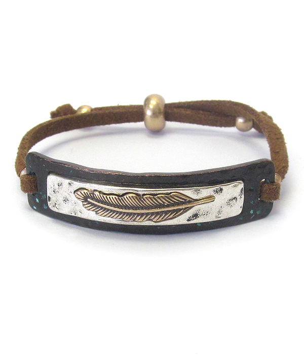 Bohemian theme leather pull tie bracelet - feather
