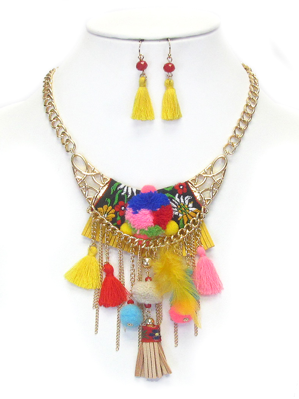 MULTI POM POM AND TASSEL DROP NECKLACE SET