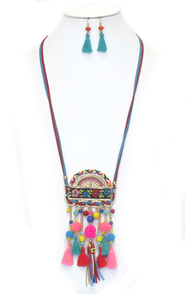 MULTI POM POM AND TASSEL DROP LONG NECKLACE SET