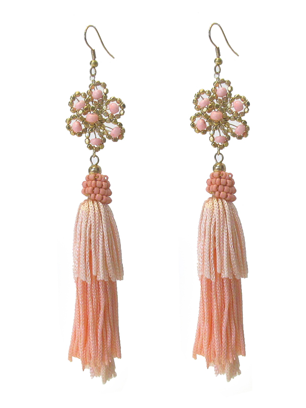 Bead flower and fabric tassel drop earring