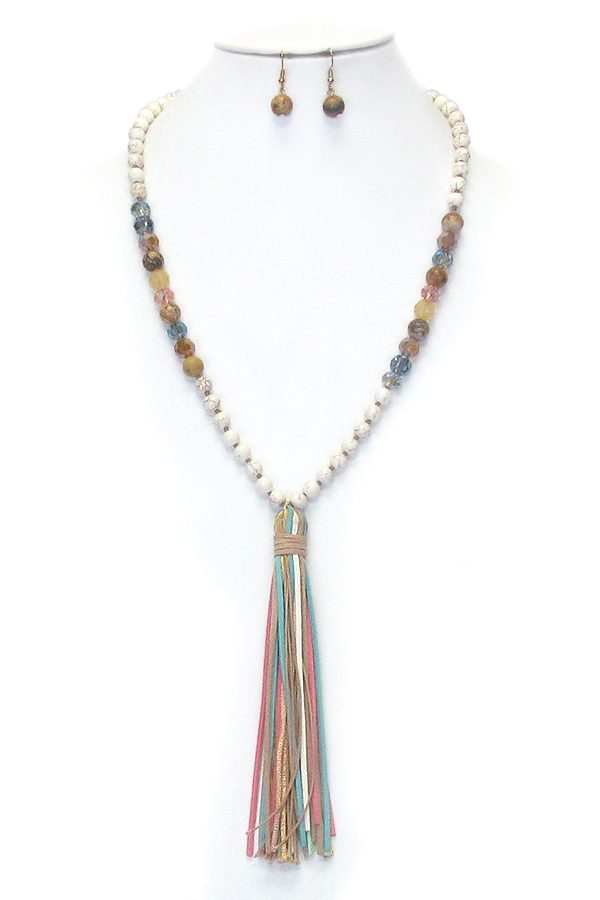 SEMI PRECIOUS STONE BEAD AND LEATHER TASSEL LONG NECKLAC SET