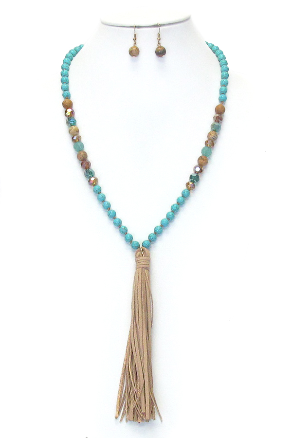 SEMI PRECIOUS STONE BEAD AND LEATHER TASSEL LONG NECKLAC SET