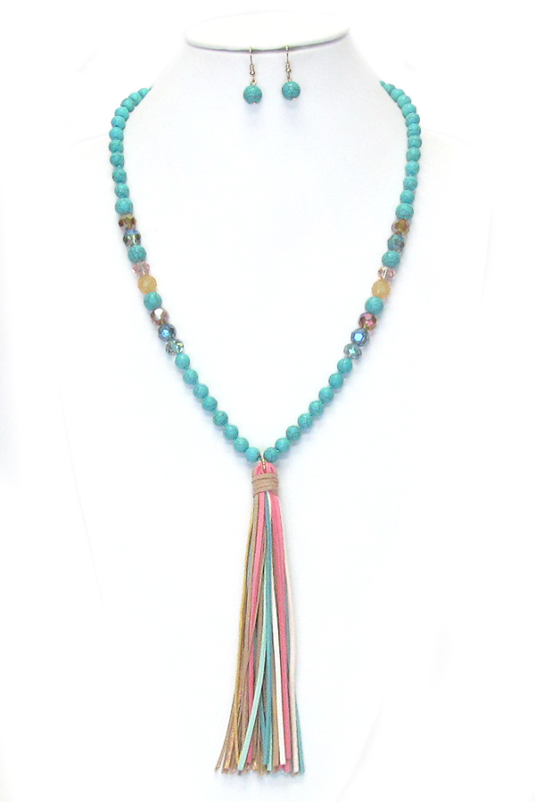 SEMI PRECIOUS STONE BEAD AND LEATHER TASSEL LONG NECKLAC SET