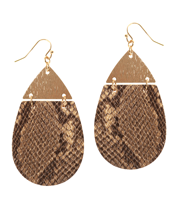 Snake skin textured faux leather teardrop earring