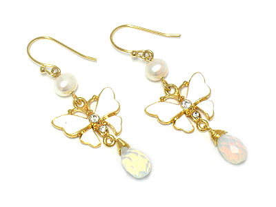 Dyed fresh water pearl and enamel butterfly drop earring