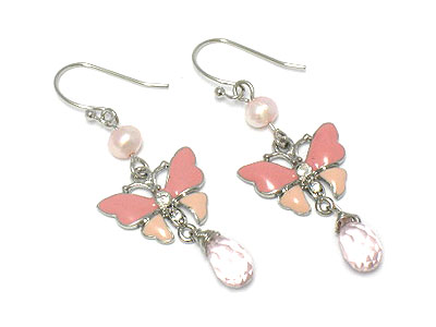 Dyed fresh water pearl and enamel butterfly drop earring