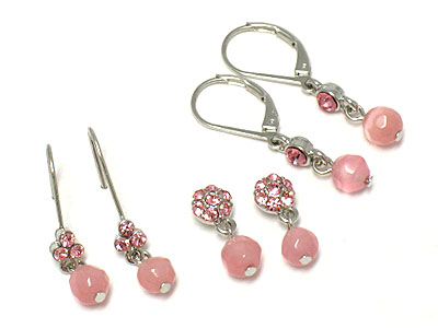 Crystal deco glass ball drop earring - 3 pair set - stud,hook,french