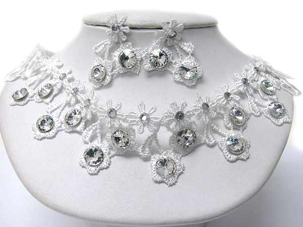 CRYSTAL DECO FABRIC FLOWER EVENING NECKLACE EARRING SET