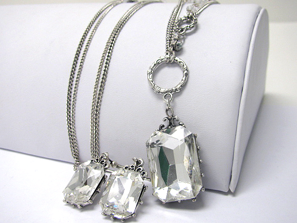 Large glass stone pendant long necklace earring set