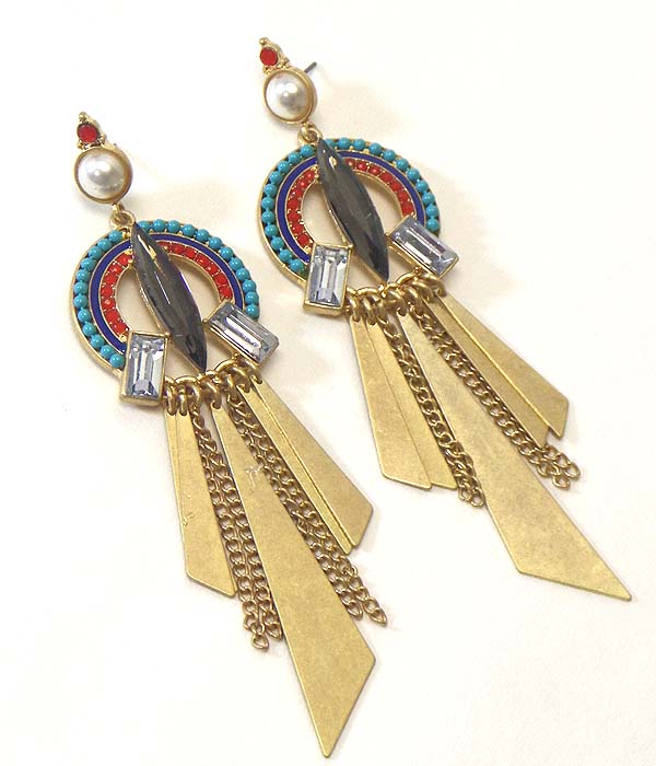 TRIBAL LOOK BEADS AND METAL DROP ART DECO EARRING