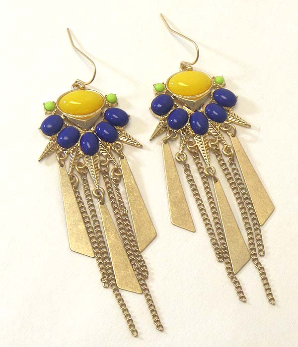 TRIBAL LOOK STONE AND METAL AND TASSEL DROP ART DECO EARRING