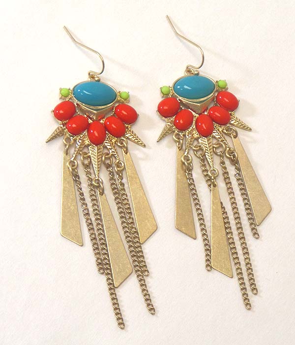 TRIBAL LOOK STONE AND METAL AND TASSEL DROP ART DECO EARRING