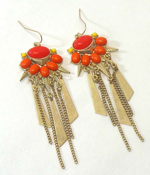 TRIBAL LOOK STONE AND METAL AND TASSEL DROP ART DECO EARRING