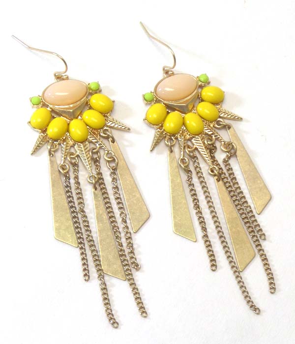 TRIBAL LOOK STONE AND METAL AND TASSEL DROP ART DECO EARRING