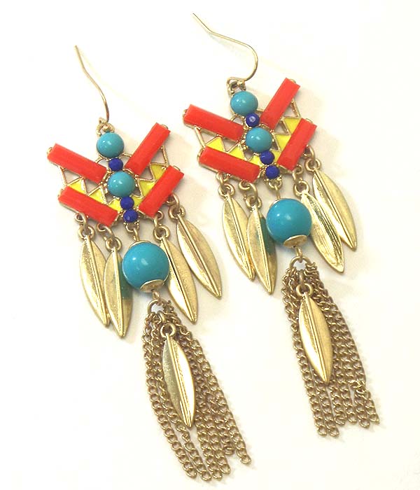 TRIBAL LOOK ACRYL AND METAL AND TASSEL DROP ART DECO EARRING