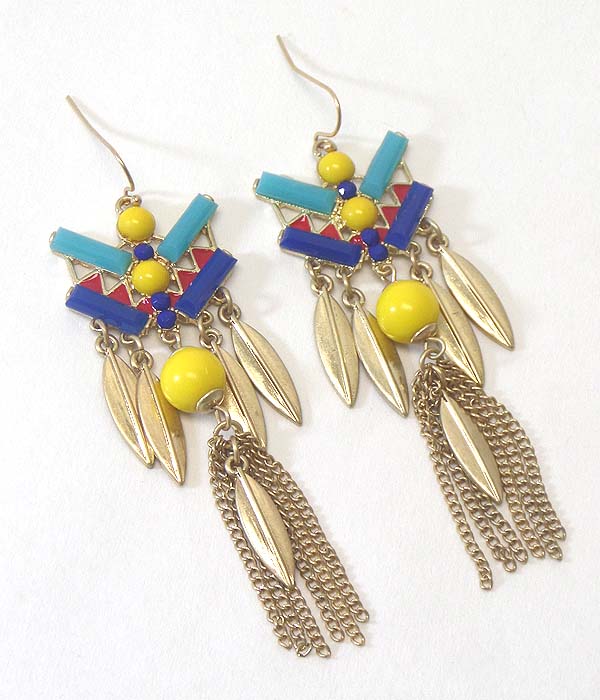 TRIBAL LOOK ACRYL AND METAL AND TASSEL DROP ART DECO EARRING