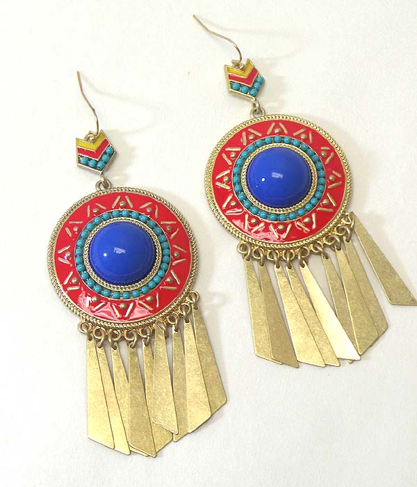 Tribal look stone and metal drop art deco earring