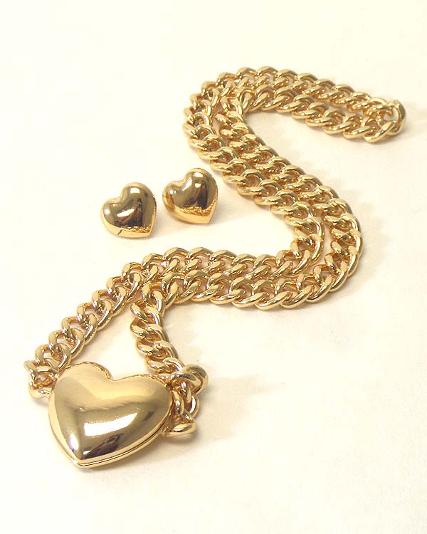 Metal heart thick metal chain necklace earring set