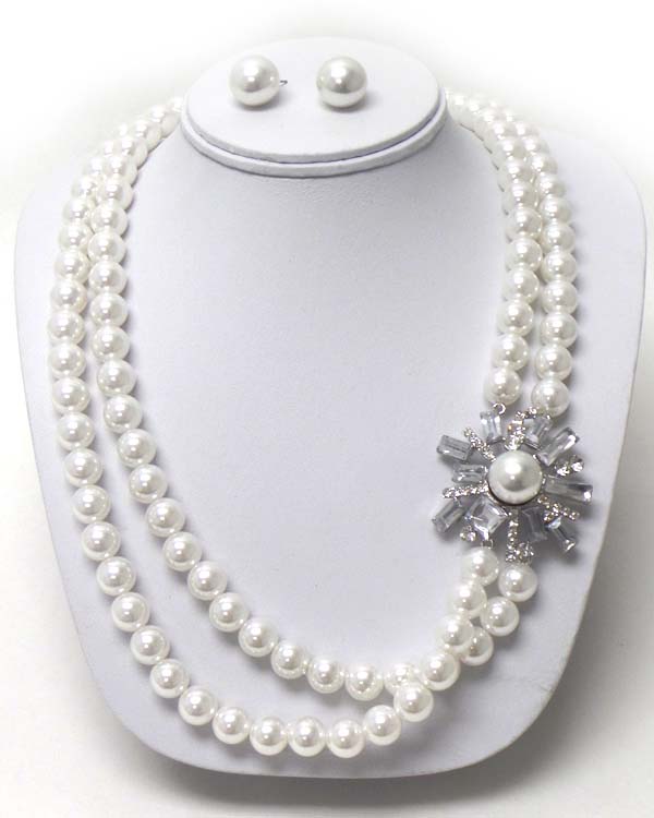 Crystal flower corsage double row pearl necklace earring set