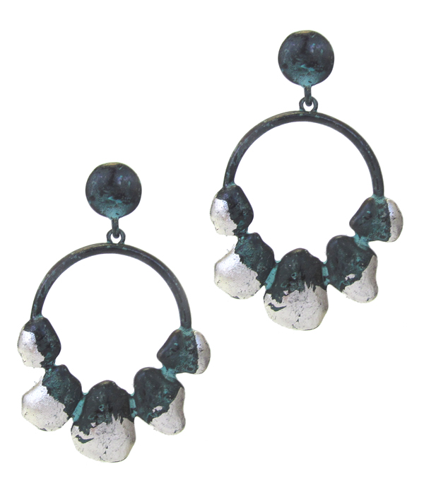 Silver flakes on green patina metal earring