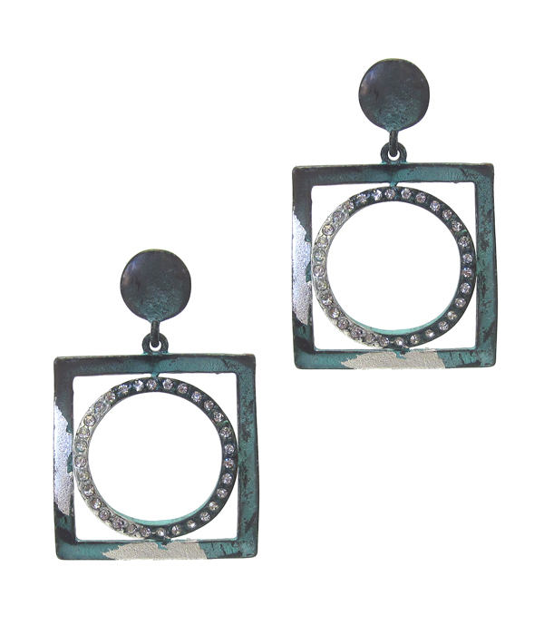 SILVER FLAKES ON GREEN PATINA METAL EARRING - SQUARE