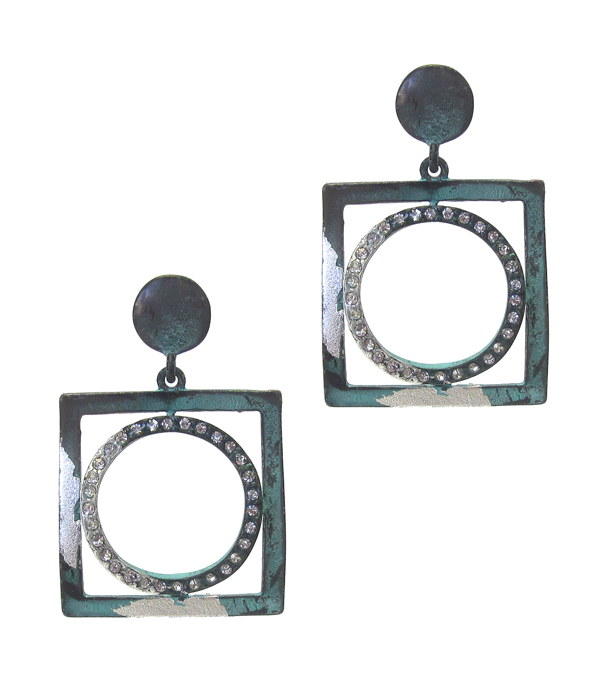 Silver flakes on green patina metal earring - square