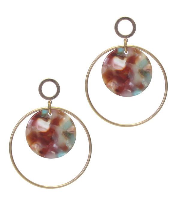 Organic cellulose disc and metal hoop drop earring