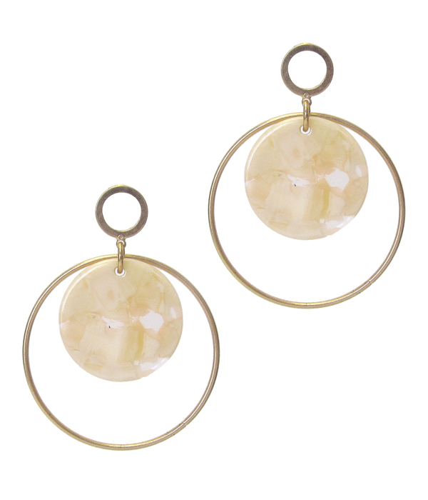 Organic cellulose disc and metal hoop drop earring