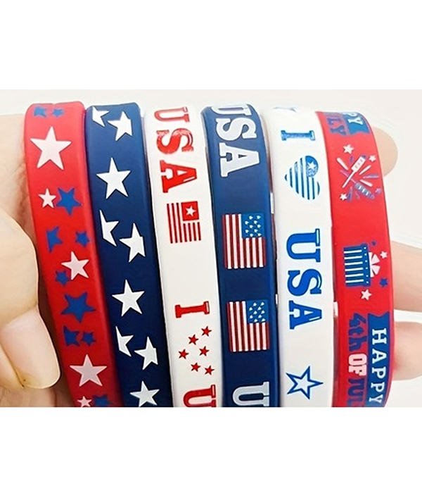 VALUE PACK - 6 PIECE PATRIOTIC AMERICAN FLAG SILICONE RUBBER WRIST BAND