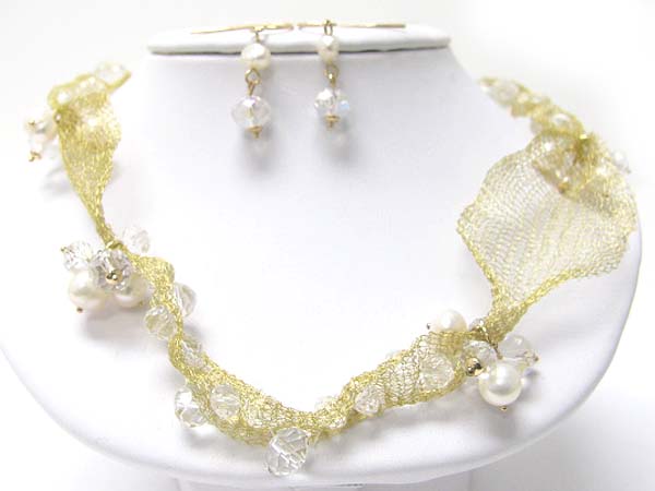 CHIFFON MESH AND PEARL AND FACET GLASS BEADS  COMBO NECKLACE EARRING SET