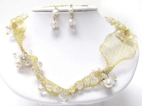 Chiffon mesh and pearl and facet glass beads  combo necklace earring set