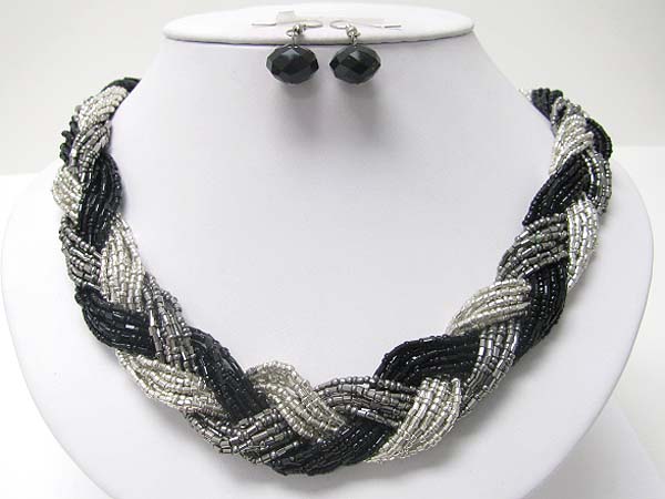 Braided multi row seed beads necklace earring set