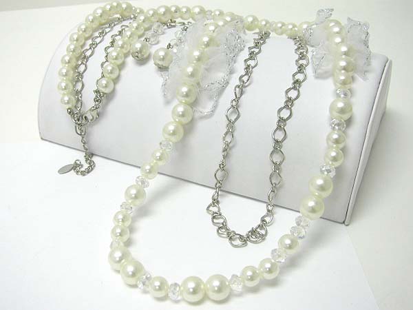 CHIFFON ACCENT PEARL AND METAL CHAIN LONG NECKLACE EARRING SET