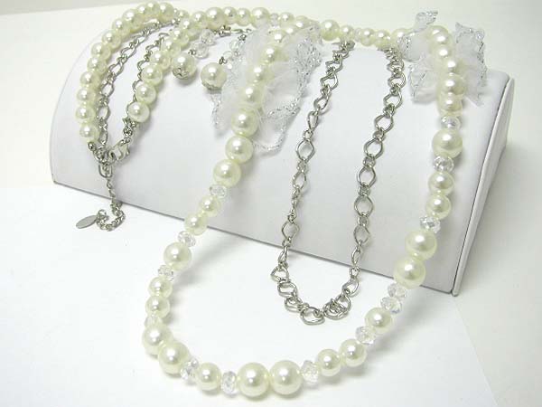 Chiffon accent pearl and metal chain long necklace earring set