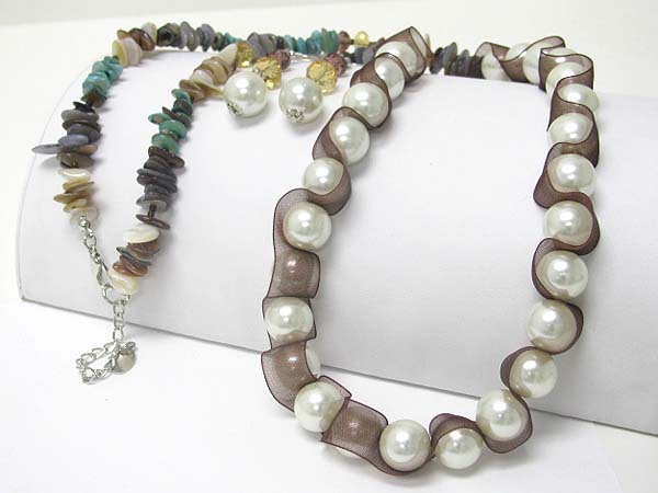 Pearl and chiffon combi chip ston back long necklace earring set