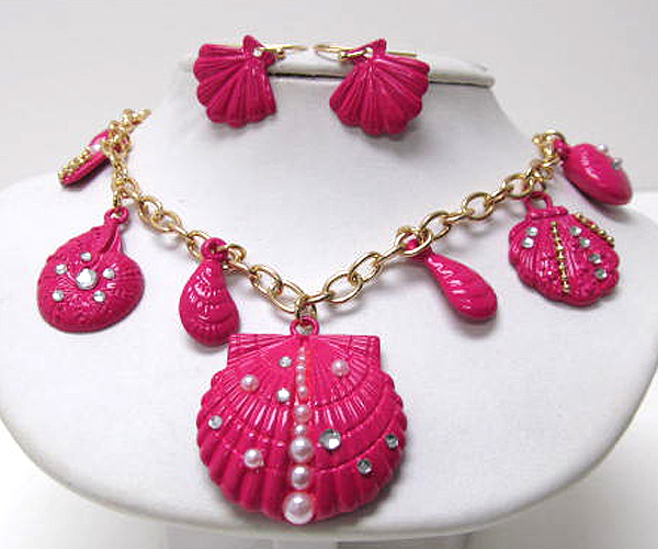 Multi seed beads and pear on sea life theme charm fashion colorful dangle necklace earring set