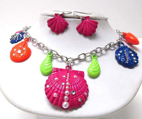 Multi seed beads and pear on sea life theme charm fashion colorful dangle necklace earring set