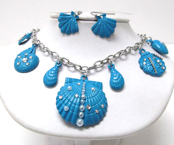 Multi seed beads and pear on sea life theme charm fashion colorful dangle necklace earring set