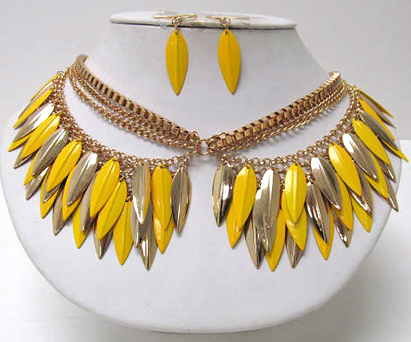 Metal fashion colorful leafs and multi chain long chain necklace earring set