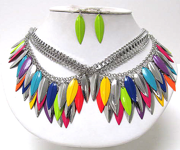 Metal fashion colorful leafs and multi chain long chain necklace earring set