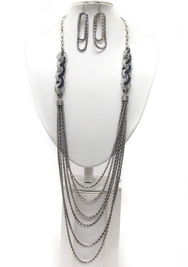 Crystal ring and multi strand metal box chain hanging drop long necklace earring set
