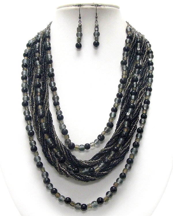 Multi strand woven glass ball and seed beads necklace earring set