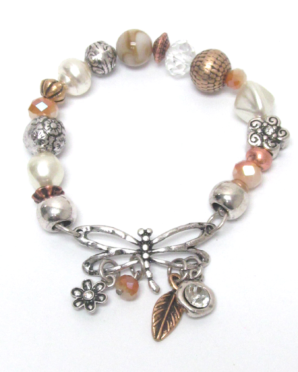 Dragonfly and luck charm multi beads stretch bracelet